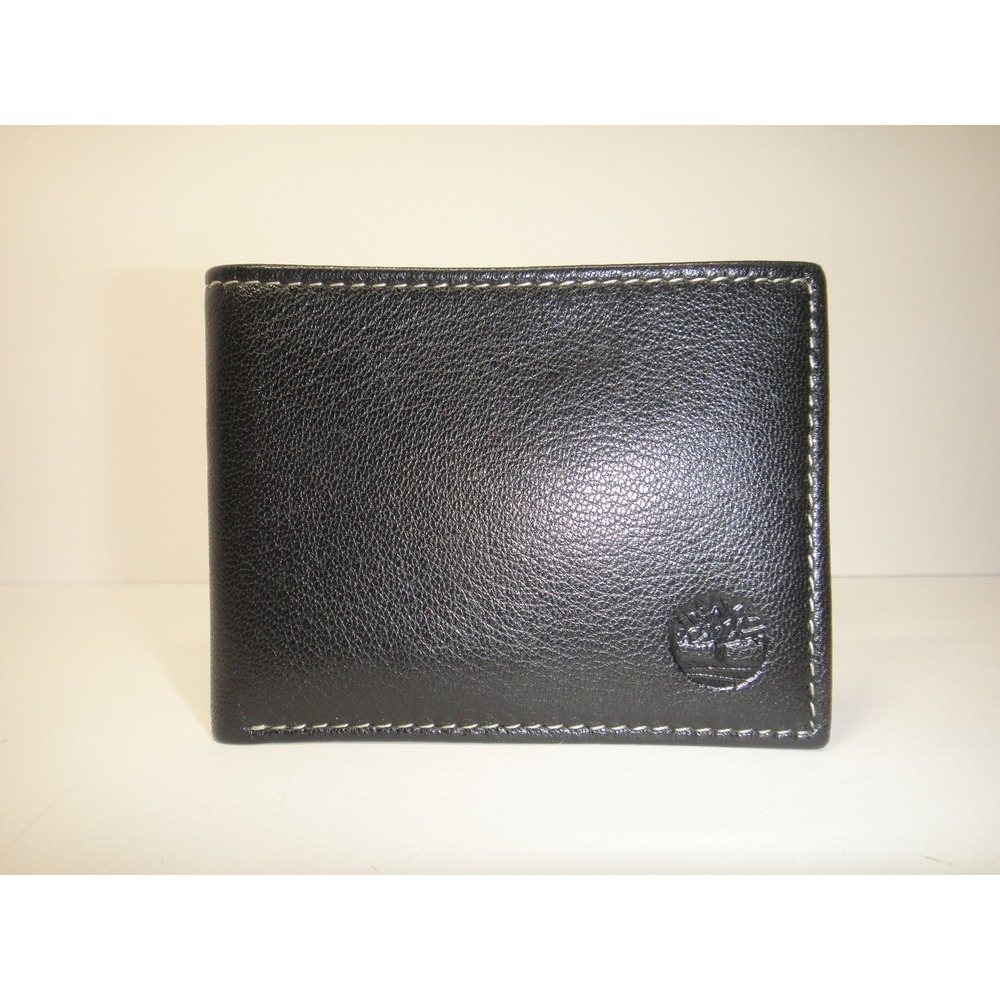 Timberland Men's Black Pebbled Genuine Leather Bifold Wallet with ID Window EUC